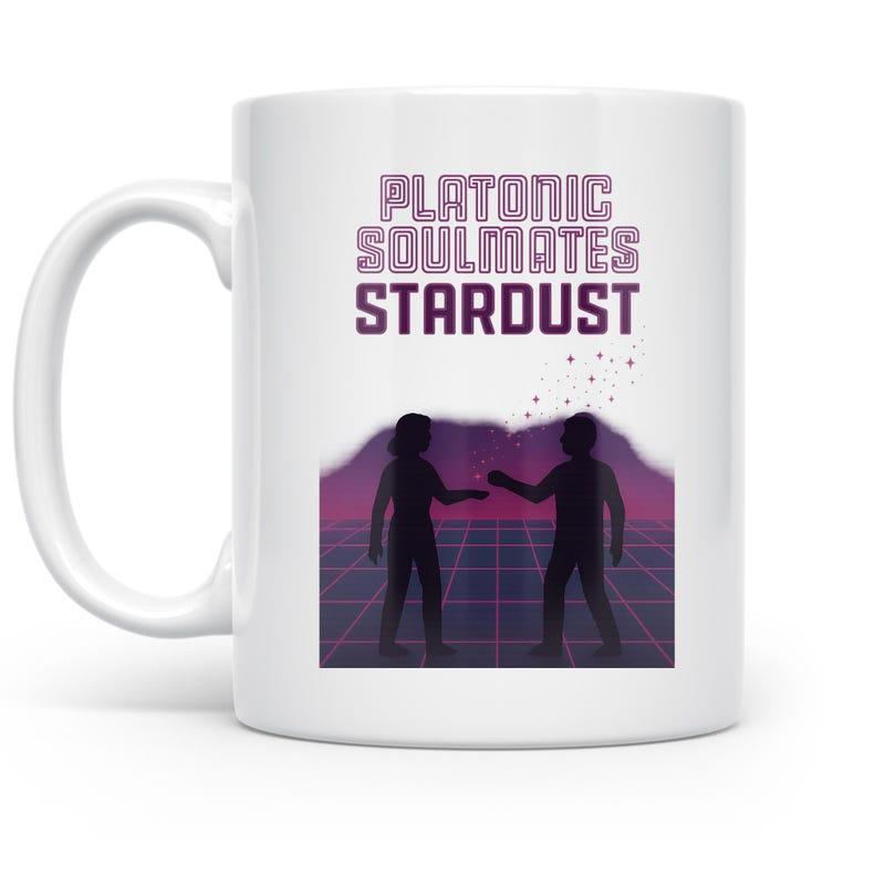 Tailorly White Ceramic 11 oz Mug - Platonic Soulmates Stardust Retro Synthwave Grid With Silhouetted Figures Under Glowing Purple Cosmic Sky Landscape