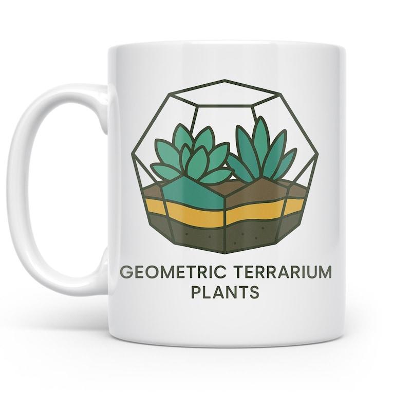 Tailorly White Ceramic 11 oz Mug - Geometric Terrarium Plants Minimalist Line Drawing Of Modern Geometric Glass Terrarium Housing Green Potted Succulent