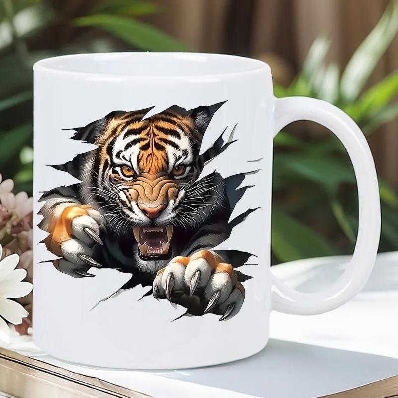 Tailorly White Ceramic 11 oz Mug - Fierce Wild Animal Ripping Through Surface With Powerful Sharp Claws Tiger