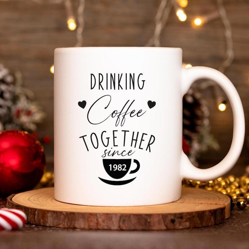 Tailorly White Ceramic 11 oz Mug - Drinking Coffee Together Since 1982 Elegant Script Typography Decorated With Small Hearts And Minimalist Coffee Mug