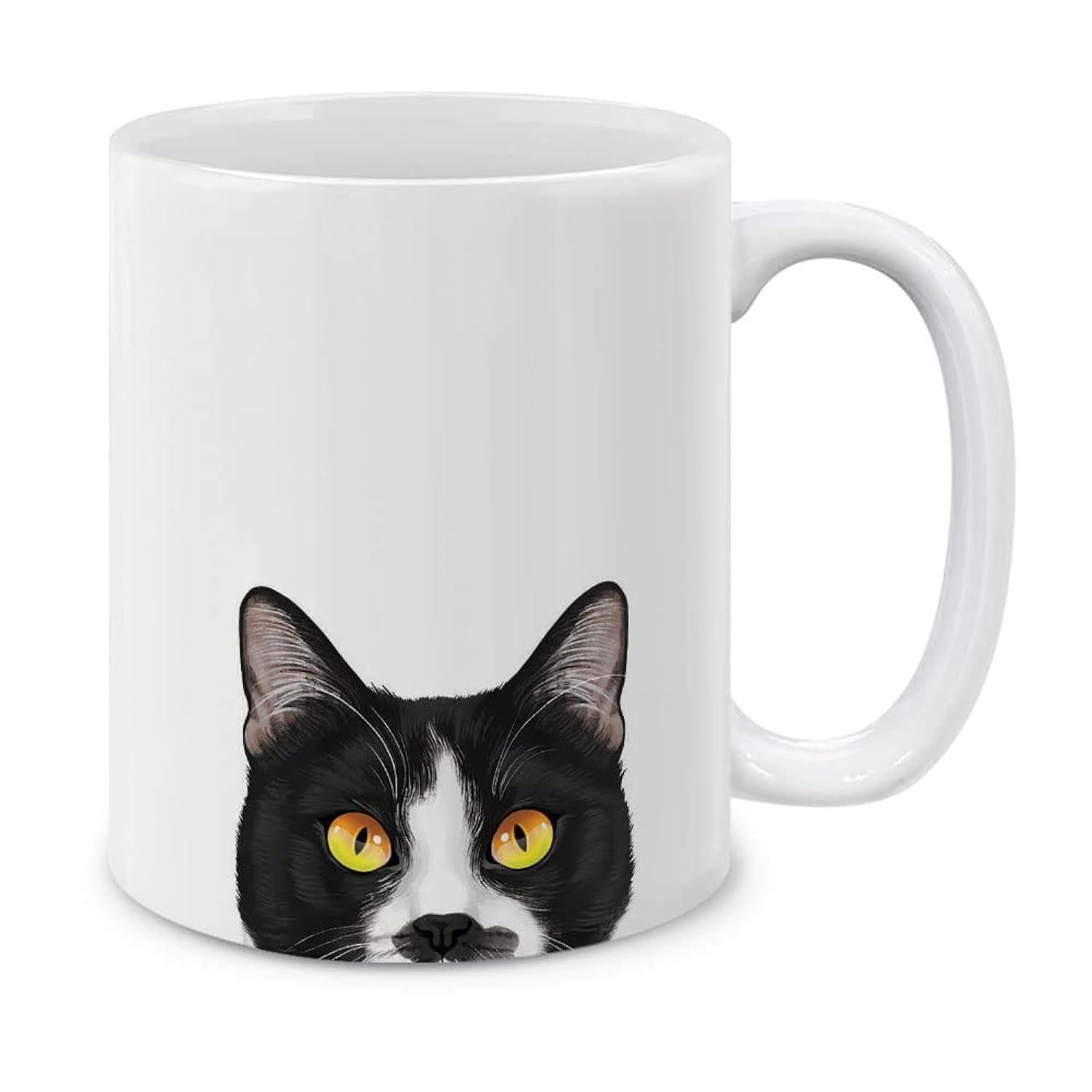 Tailorly White Ceramic 11 oz Mug - Cute Peeking Black And White Tuxedo With Large Golden Yellow Eyes Cat