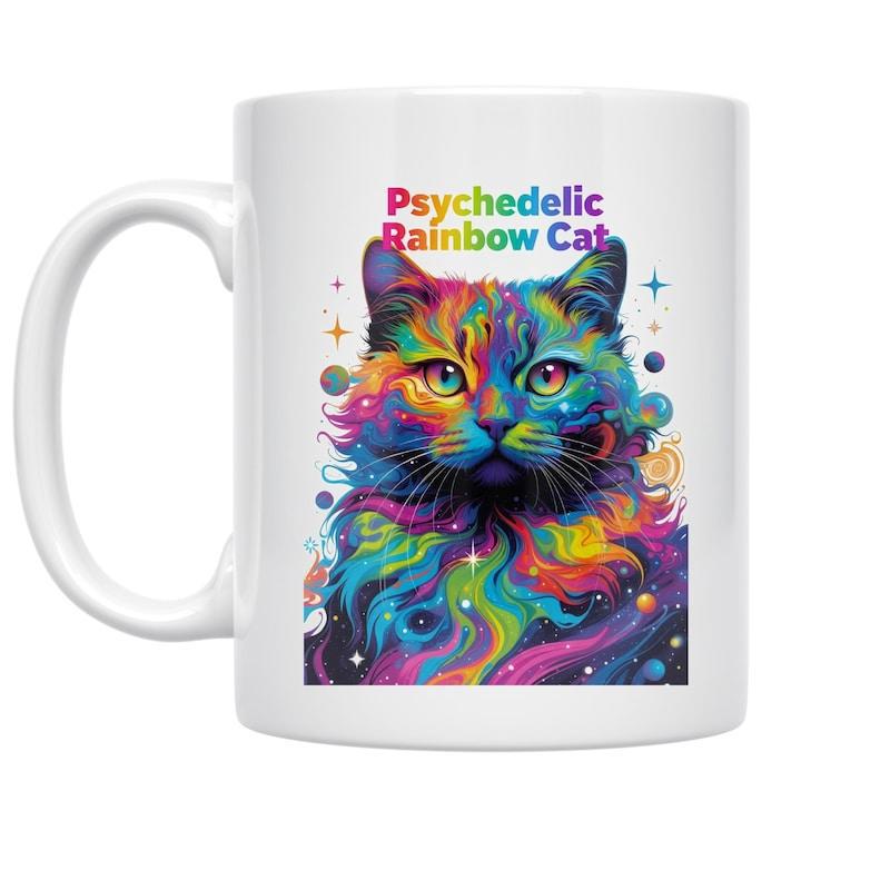 Tailorly White Ceramic 11 oz Mug - Psychedelic Rainbow Cat Vibrant Colorful Fur Swirling With Celestial Stars And Glowing Galaxy Details Cat