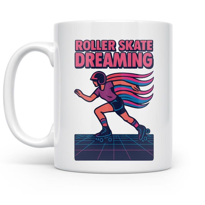 Tailorly White Ceramic 11 oz Mug - Roller Skate Dreaming Retro Aesthetic Figure Gliding Across A Vibrant Vaporwave Grid Pattern Skater