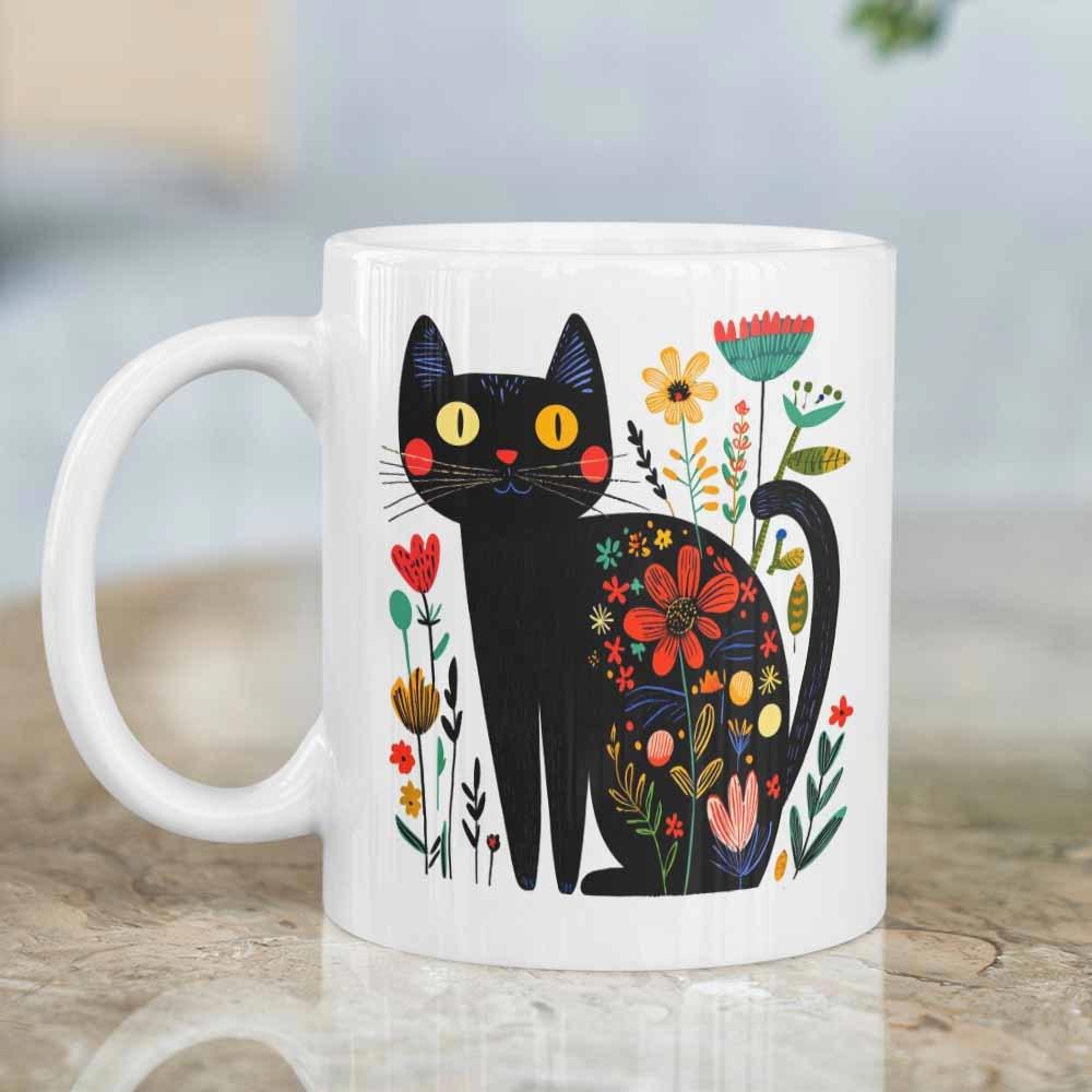 Tailorly White Ceramic 11 oz Mug - Whimsical Black Feline With Colorful Folk Art Flowers In Garden Cat