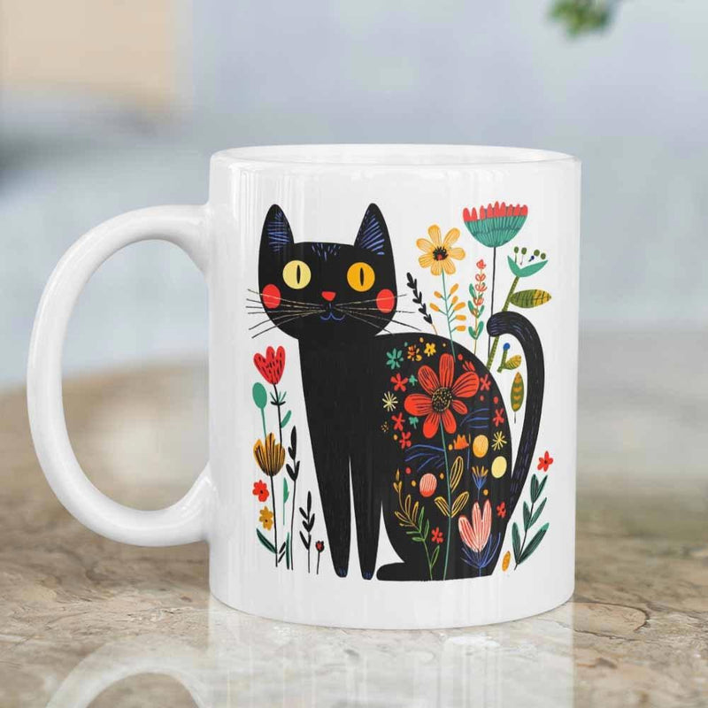 Tailorly White Ceramic 11 oz Mug - Whimsical Black Feline With Colorful Folk Art Flowers In Garden Cat