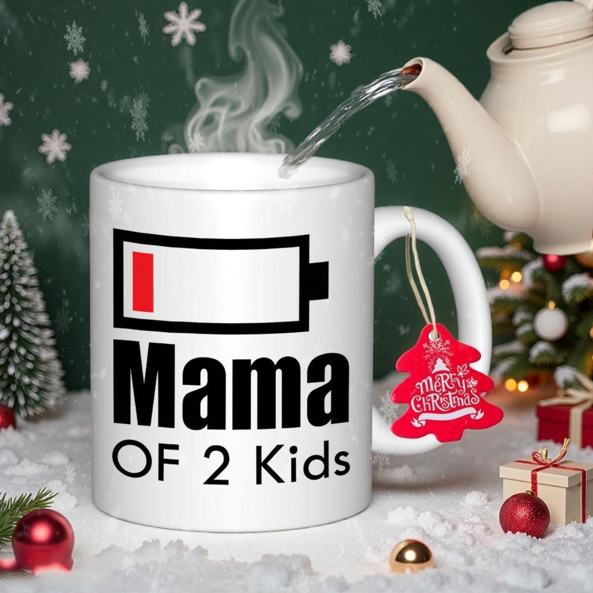 Tailorly White Ceramic 11 oz Mug - Mama Of 2 Kids Low Battery Symbol With Small Red Bar Depleting Energy Mug