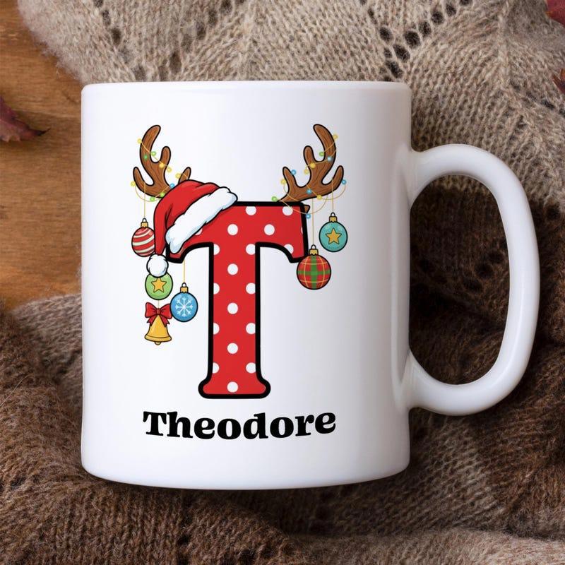 Tailorly White Ceramic 11 oz Mug - Theodore Red Polka Dot Letter Featuring Festive Antlers And Santa Hat Reindeer