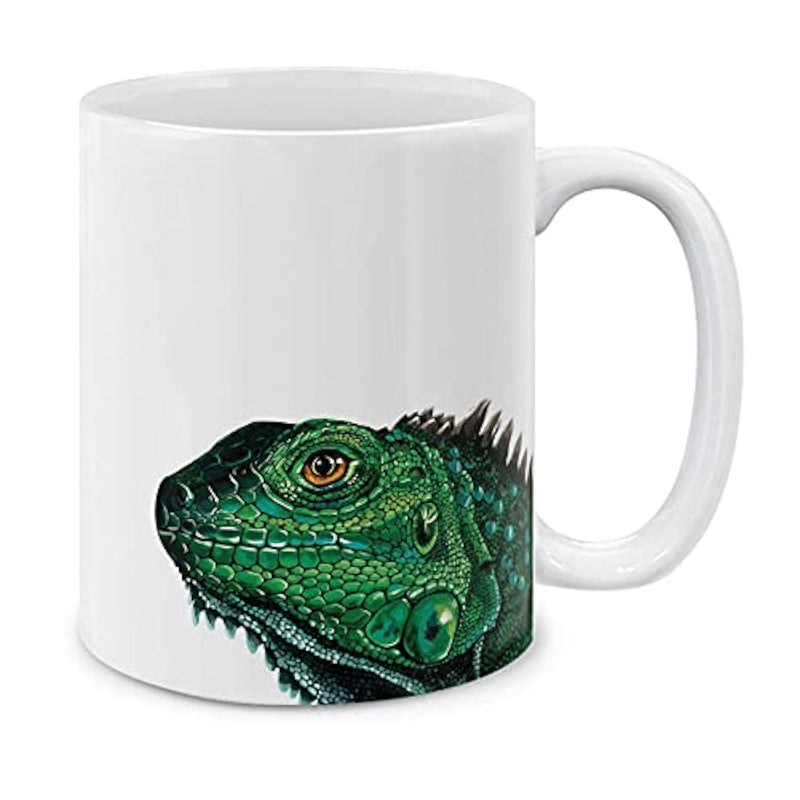 Tailorly White Ceramic 11 oz Mug - Vibrant Green Detailed Scales Peeking From Corner Realistic Reptile Portrait Nature Iguana
