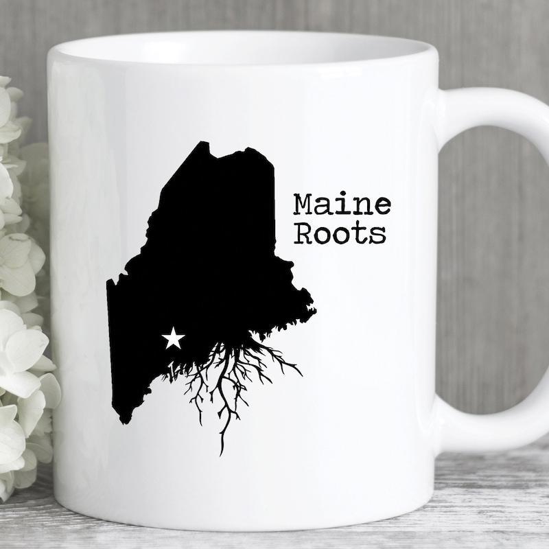 Tailorly White Ceramic 11 oz Mug - Maine Roots Solid Black State Map Outlining Maine With Growing Tree Roots Underneath Silhouette