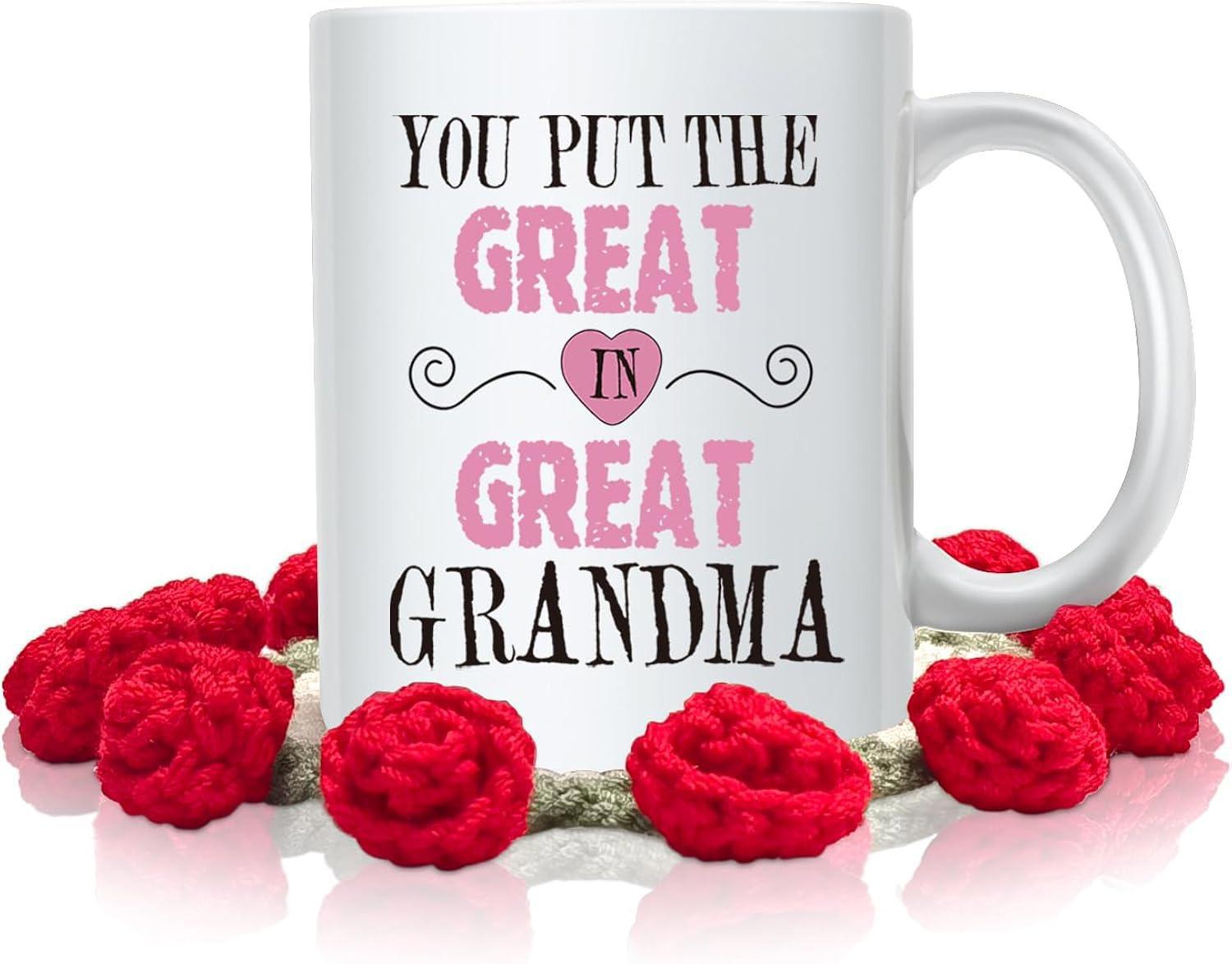 Tailorly White Ceramic 11 oz Mug - You Put The Great In Great Grandma Ceramic Surface Featuring Heart Symbol And Decorative Swirls Resting On Roses Mug