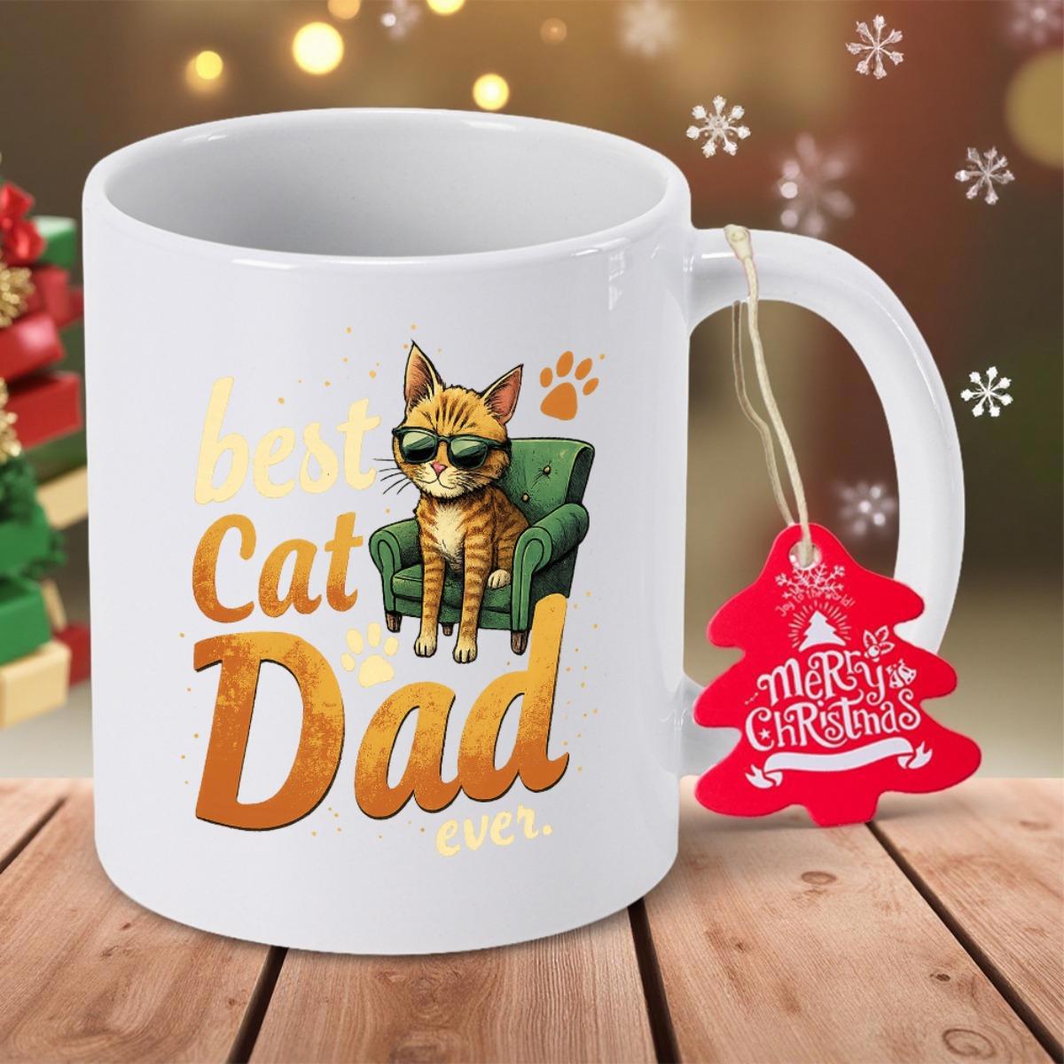 Tailorly White Ceramic 11 oz Mug - Best Cat Dad Ever Cool Ginger Tabby Wearing Sunglasses Sitting On A Green Armchair Cat
