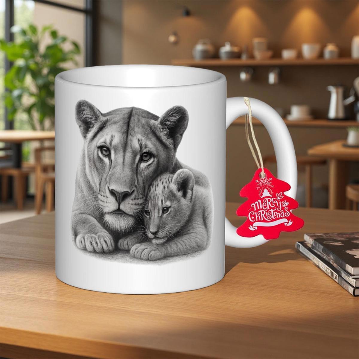 Tailorly White Ceramic 11 oz Mug - Merry Christmas Monochrome Sketch Of Lioness And Cub Resting Together In Peaceful Embrace Lion