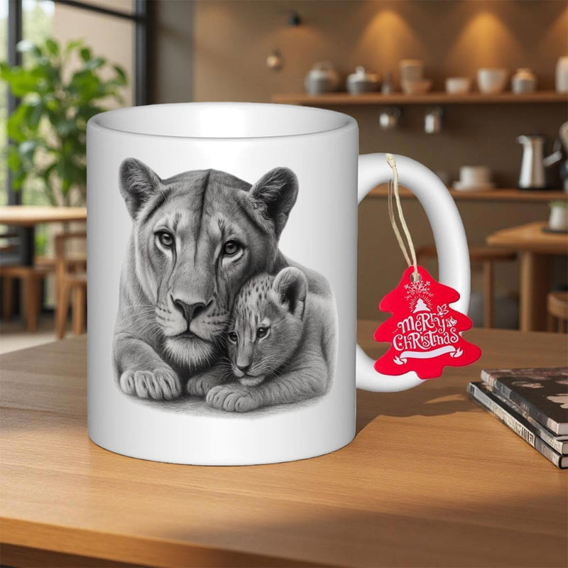 Tailorly White Ceramic 11 oz Mug - Merry Christmas Monochrome Sketch Of Lioness And Cub Resting Together In Peaceful Embrace Lion