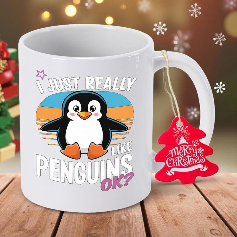 Tailorly White Ceramic 11 oz Mug - I Just Really Like Penguins OK Sitting Cartoon Character Within Vibrant Vintage Retro Style Sunset Circle Penguin