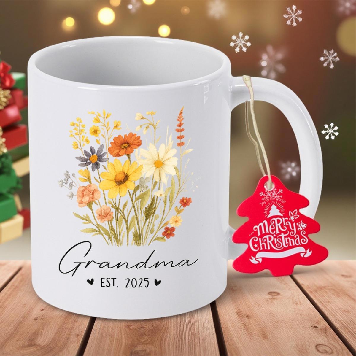 Tailorly White Ceramic 11 oz Mug - Grandma Est 2025 Elegant Wildflower Bouquet Blooming With Vibrant Colors In Watercolor Style Flower
