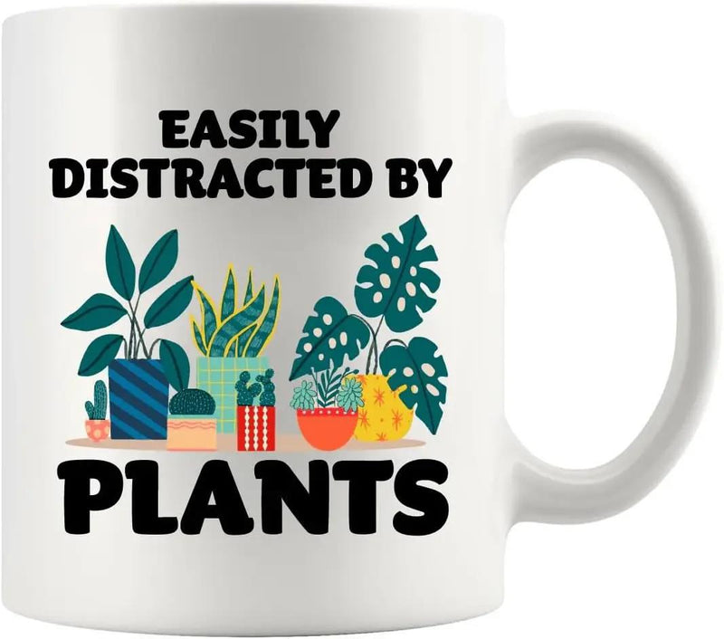 Tailorly White Ceramic 11 oz Mug - Easily Distracted By Plants Potted Green Indoor Leaves Nestled Within Vibrant Decorative Ceramic Containers Plant