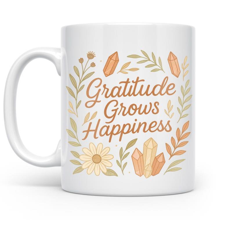 Tailorly White Ceramic 11 oz Mug - Gratitude Grows Happiness Botanical Leaves And Sparkling Crystals Scattered Around Floral Illustration