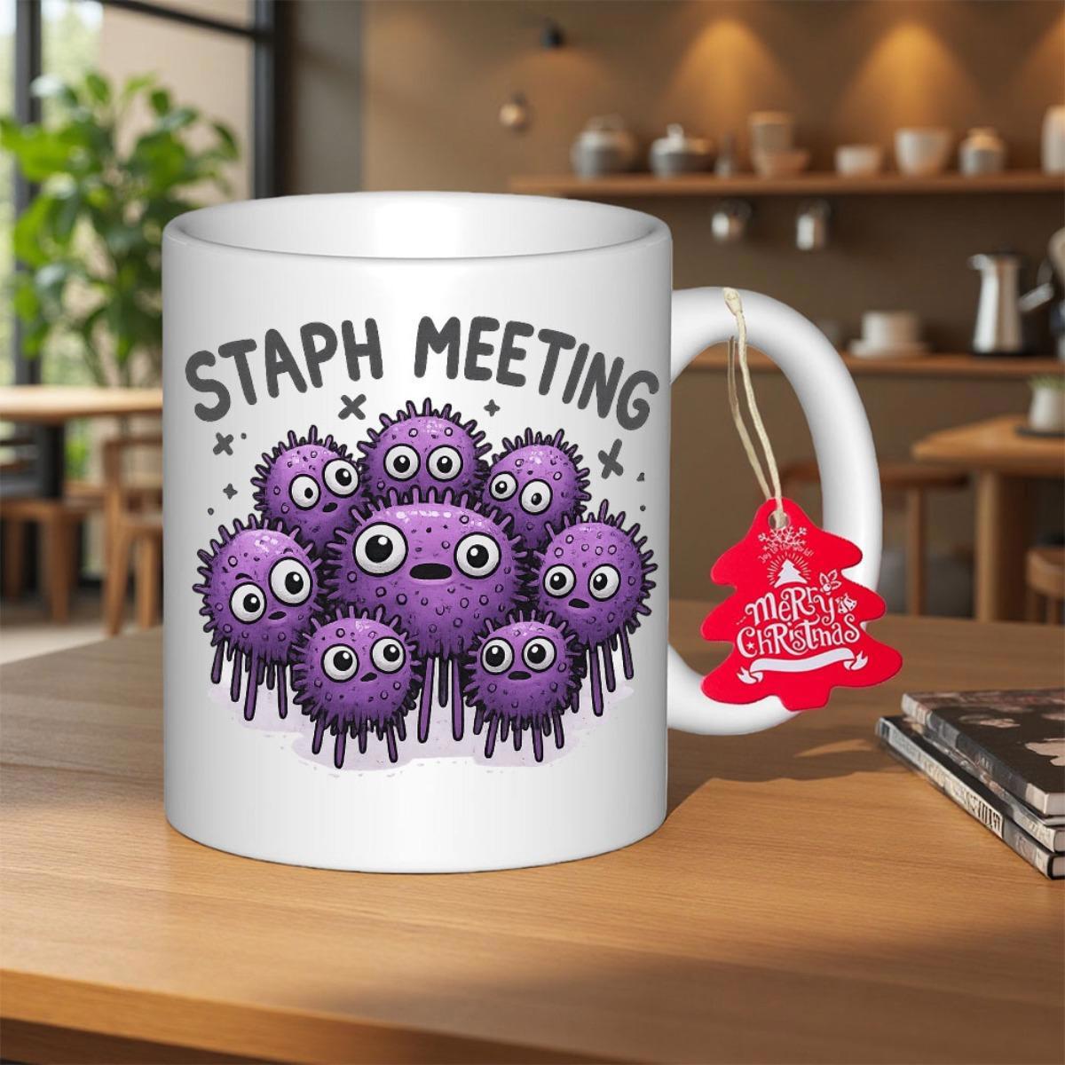 Tailorly White Ceramic 11 oz Mug - Staph Meeting Humorous Purple Microscopic Bacteria Characters Grouped Together For Medical Pun Microbe
