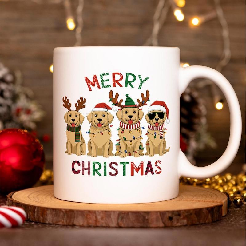 Tailorly White Ceramic 11 oz Mug - Merry Christmas Four Cute Golden Retrievers Wearing Festive Holiday Hats And Colorful Scarves Dog