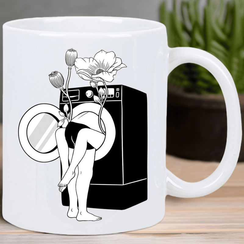 Tailorly White Ceramic 11 oz Mug - Surreal Line Art Design Of Human Legs And Blooming Poppy Flowers Washing Machine
