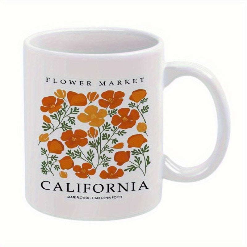 Tailorly White Ceramic 11 oz Mug - Flower Market California Beautiful Orange Flowers Growing With Green Leaves In Retro Style Poppy
