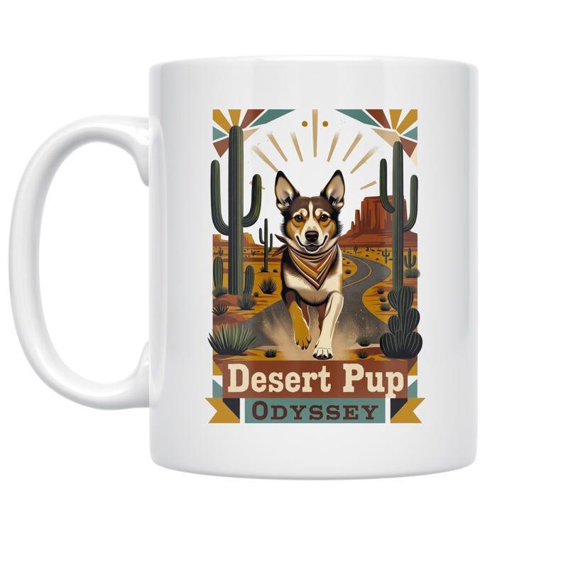 Tailorly White Ceramic 11 oz Mug - Desert Pup Odyssey Vibrant Vintage Desert Landscape With Cacti Under A Radiating Sun Pup