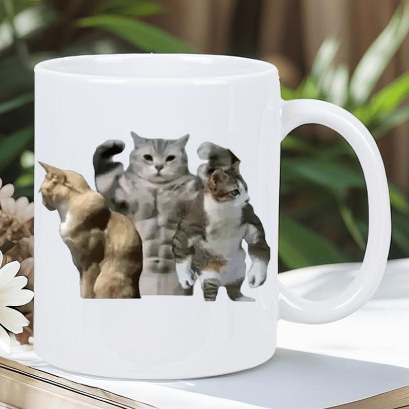 Tailorly White Ceramic 11 oz Mug - Powerful Strong Bodybuilder Felines Flexing Their Toned And Ripped Bodies Cats