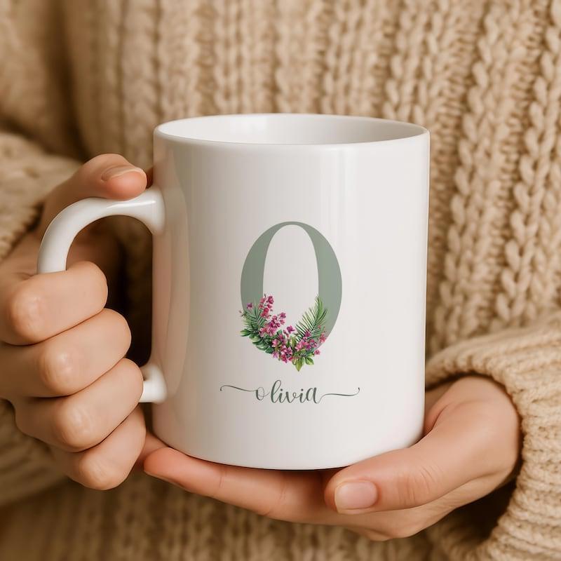 Tailorly White Ceramic 11 oz Mug - Olivia Elegant Green Monogram Decorated With Delicate Purple Flowers And Green Leaves Letter