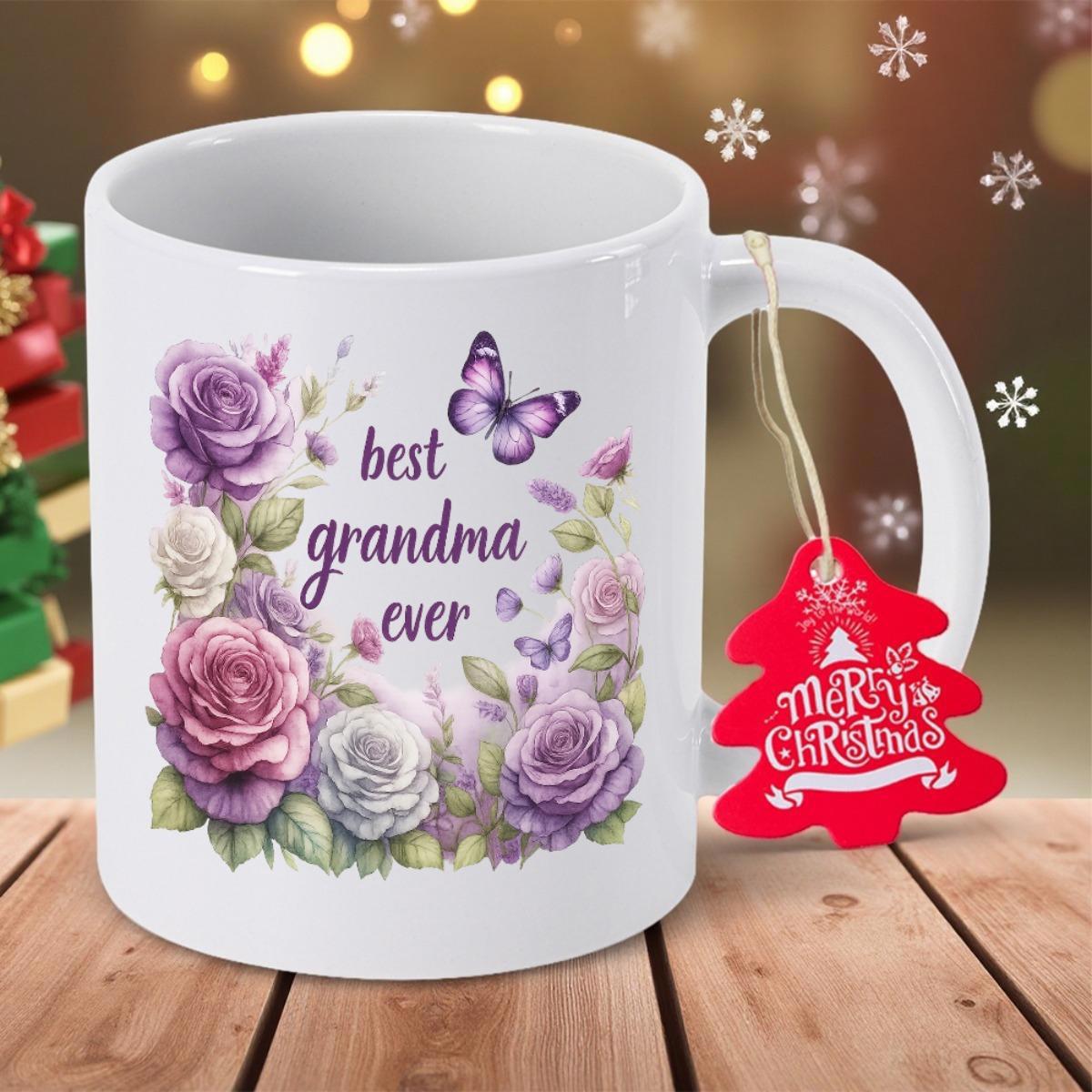 Tailorly White Ceramic 11 oz Mug - Best Grandma Ever Vibrant Purple Roses And Delicate Butterflies Dancing Among Lush Greenery Flower