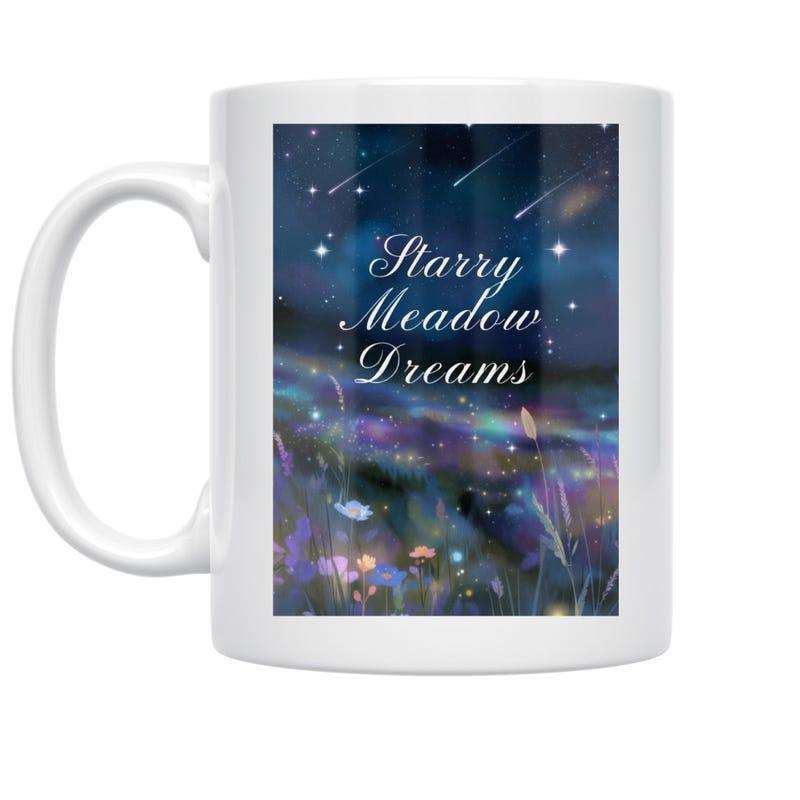 Tailorly White Ceramic 11 oz Mug - Starry Meadow Dreams Shooting Stars Glistening Above A Dark Magical Purple Floral Landscape Meadow