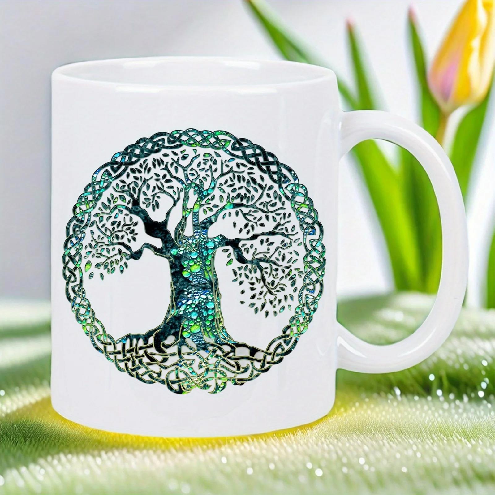 Tailorly White Ceramic 11 oz Mug - Intricate Celtic Knots Surrounding A Sacred Ancient Tree With Shimmering Green Leaves Tree