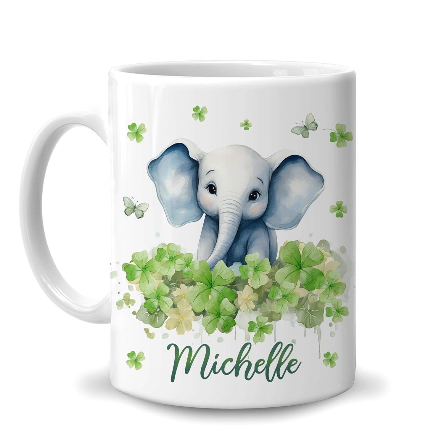 Tailorly White Ceramic 11 oz Mug - Michelle Watercolor Style Baby Sitting Among Lush Green Clovers And Butterflies Elephant