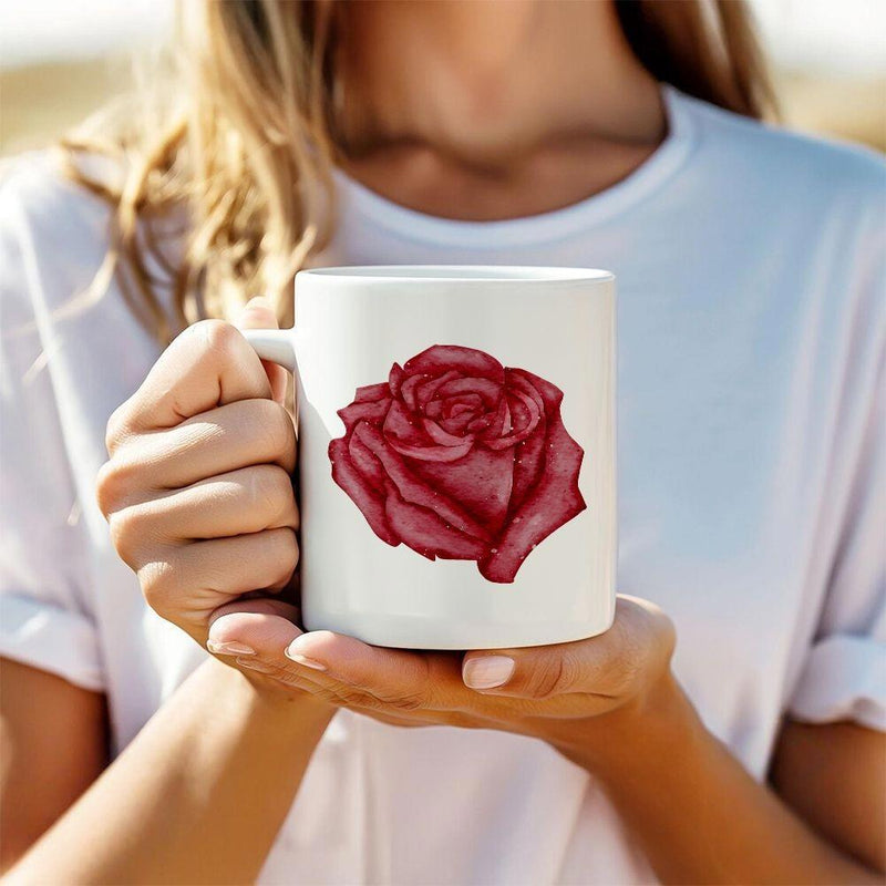 Tailorly White Ceramic 11 oz Mug - Elegant Deep Red Watercolor Blooming Petals In Gentle Sunlight Radiant Rose