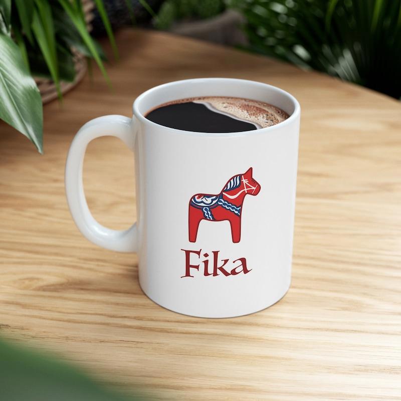Tailorly White Ceramic 11 oz Mug - Fika Traditional Red Swedish Dala Folk Art Pattern With Decorative Details Horse