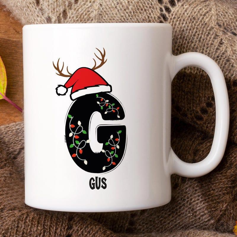 Tailorly White Ceramic 11 oz Mug - Gus Festive Holiday Monogram Letter G With Twinkling Lights And Antlers Mug