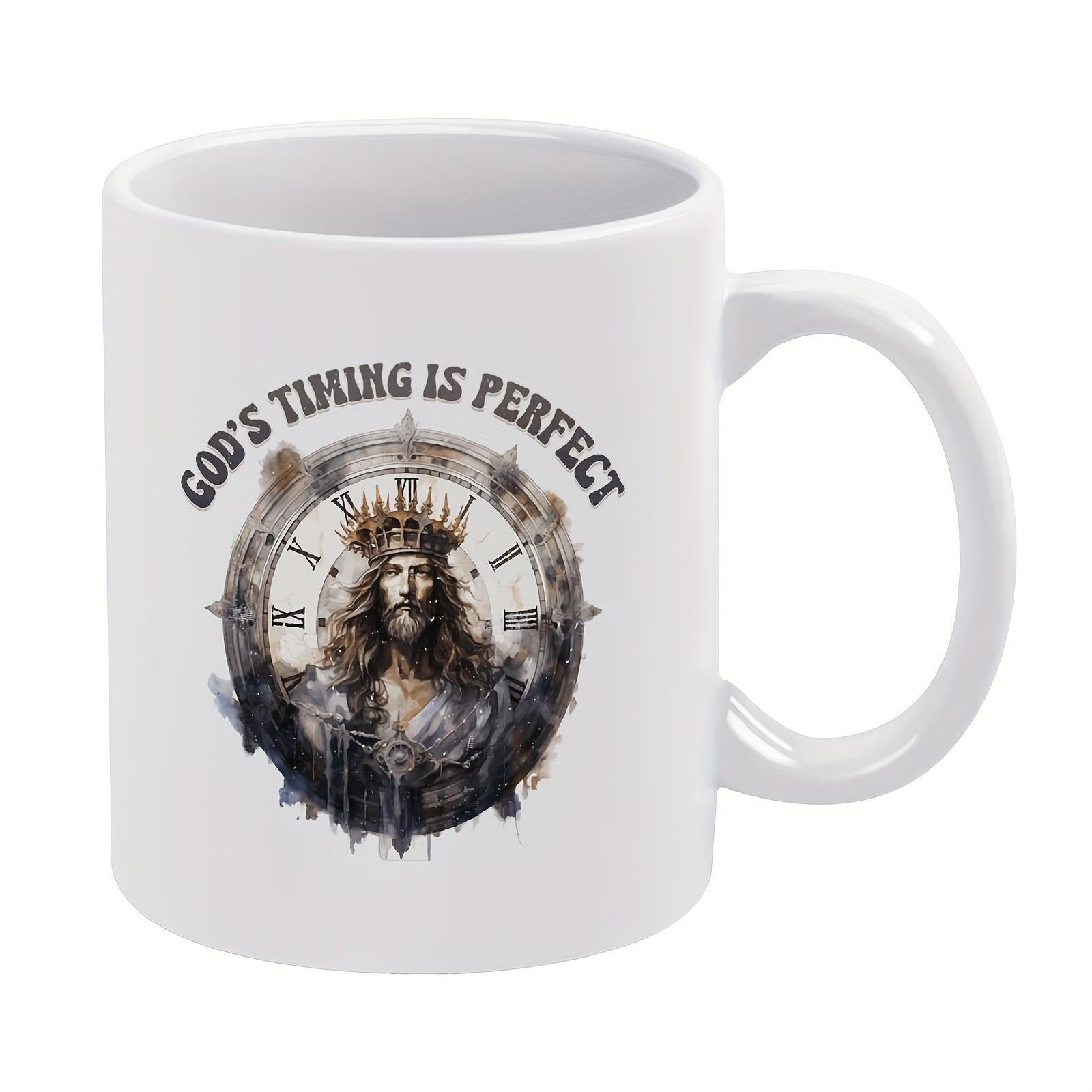 Tailorly White Ceramic 11 oz Mug - God's Timing Is Perfect Spiritual Vintage Watch Face With Thorns Crowned Majestic Jesus Clock