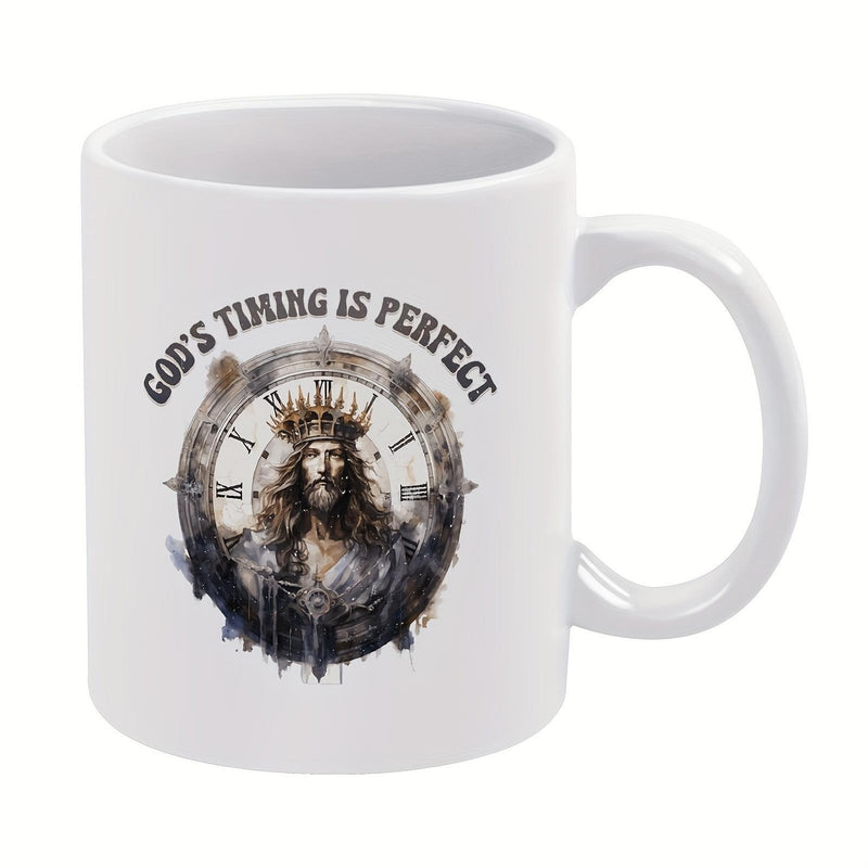 Tailorly White Ceramic 11 oz Mug - God's Timing Is Perfect Spiritual Vintage Watch Face With Thorns Crowned Majestic Jesus Clock