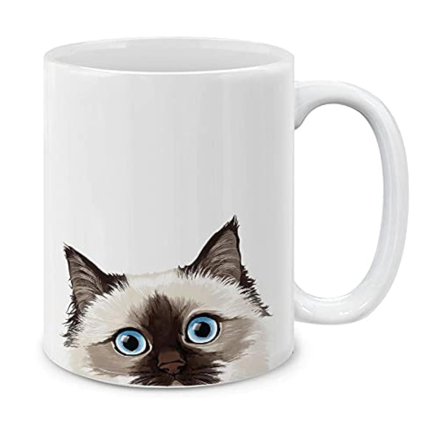 Tailorly White Ceramic 11 oz Mug - Adorable Fluffy Kitten With Large Blue Eyes Peeking From Bottom Ceramic Cat