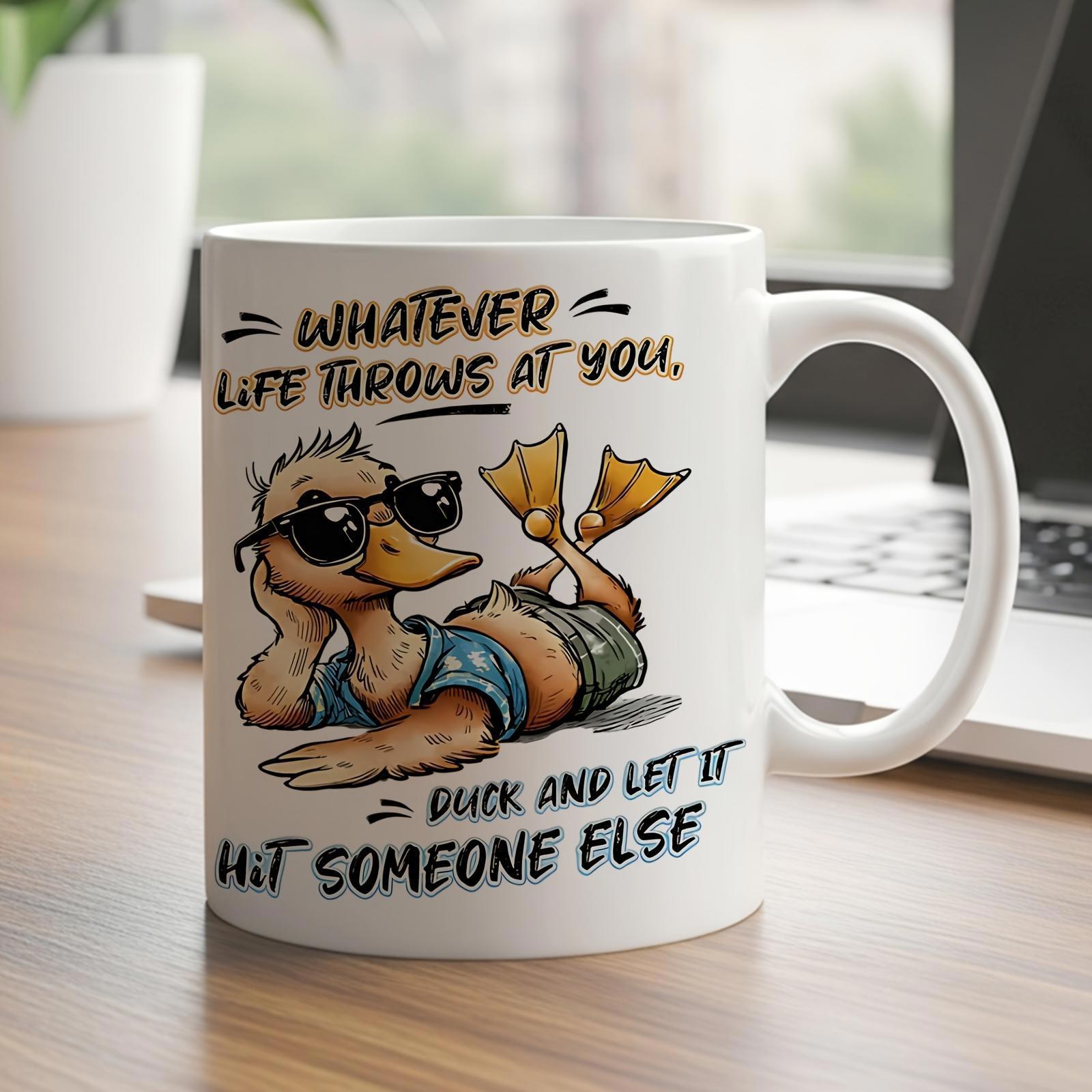 Tailorly White Ceramic 11 oz Mug - Whatever Life Throws At You Duck And Let It Hit Someone Else Relaxed Cartoon Character Wearing Sunglasses And Blue Swim Trunks