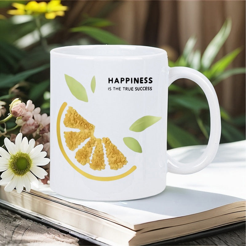 Tailorly White Ceramic 11 oz Mug - Happiness Is The True Success Vibrant Yellow Citrus Slice With Minimalist Green Leaves In Modern Artistic Style Orange