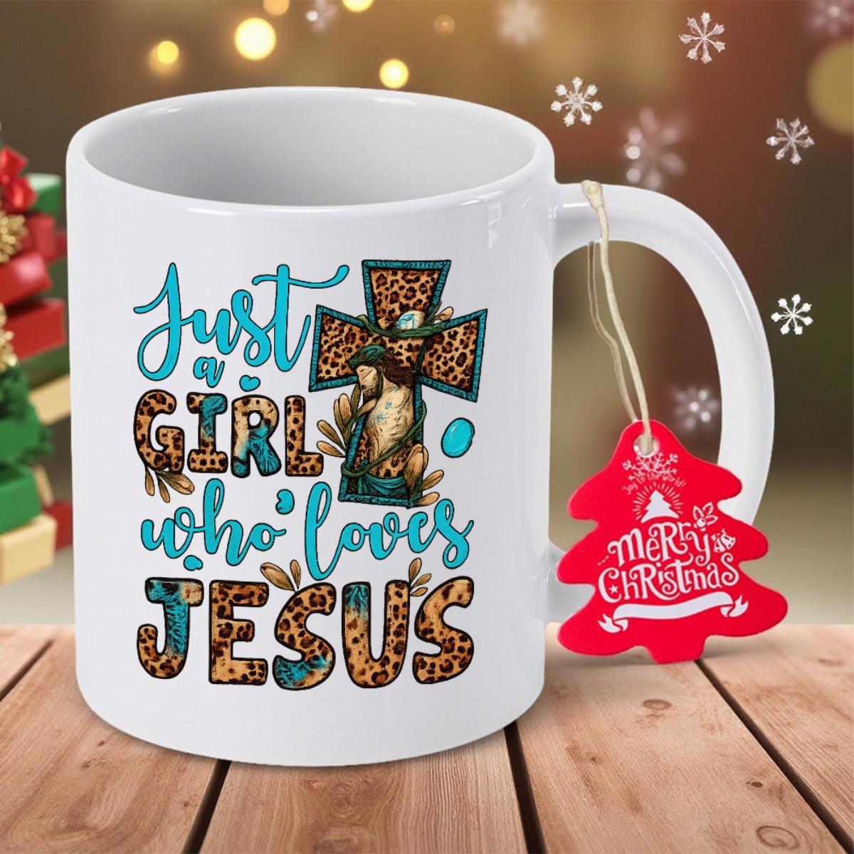 Tailorly White Ceramic 11 oz Mug - Just A Girl Who Loves Jesus Leopard Print Pattern Within A Floral Christian Holy Religious Cross