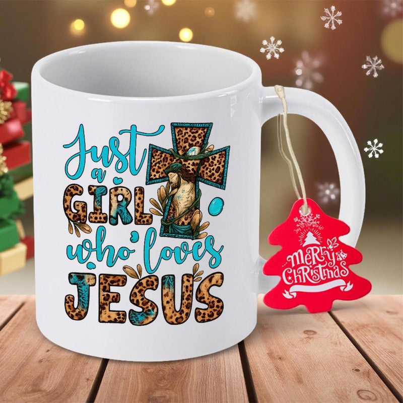 Tailorly White Ceramic 11 oz Mug - Just A Girl Who Loves Jesus Leopard Print Pattern Within A Floral Christian Holy Religious Cross