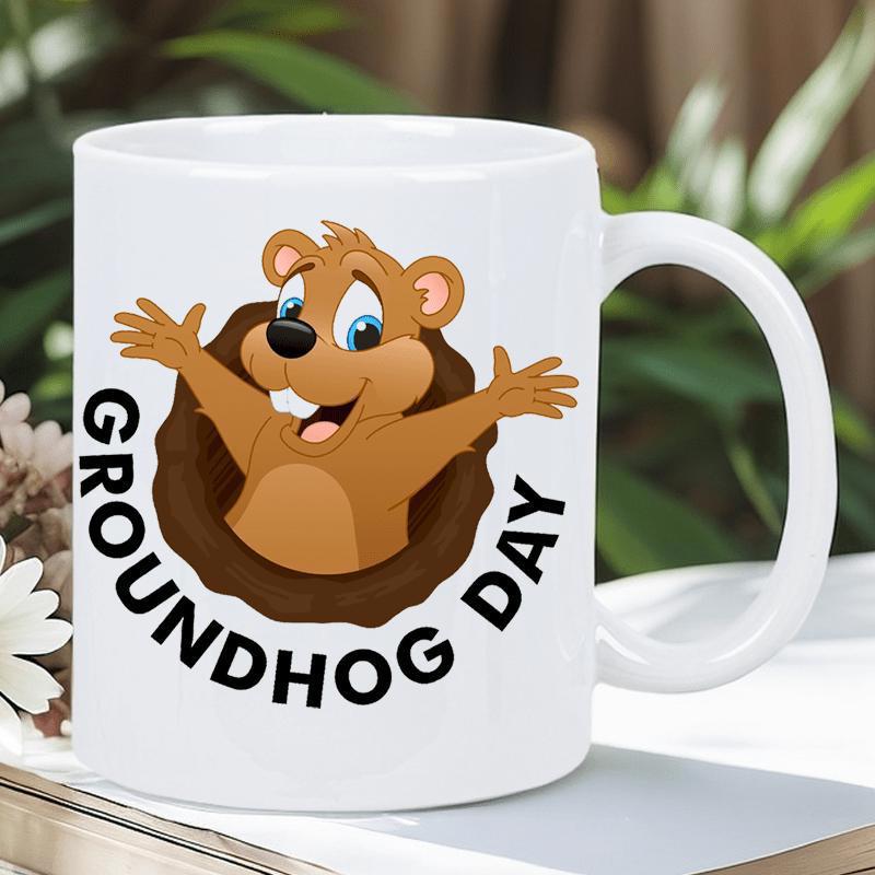 Tailorly White Ceramic 11 oz Mug - Groundhog Day Cheerful Cartoon Animal Popping From A Dark Hole Groundhog