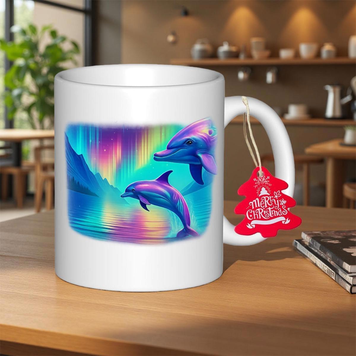 Tailorly White Ceramic 11 oz Mug - Vibrant Purple Aurora Sky Over Calm Ocean Waters With Graceful Jumping Dolphin