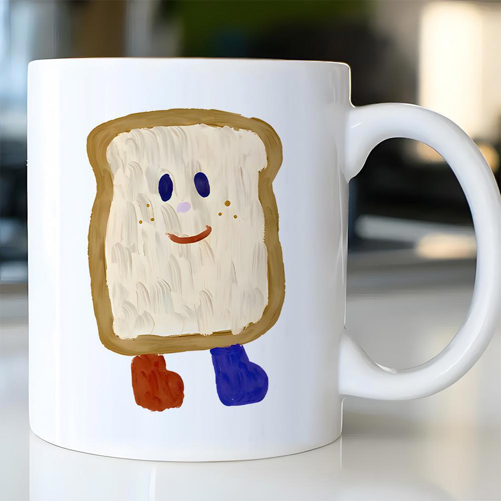 Tailorly White Ceramic 11 oz Mug - Hand Drawn Sliced Toast Character Wearing Red And Blue Boots Bread