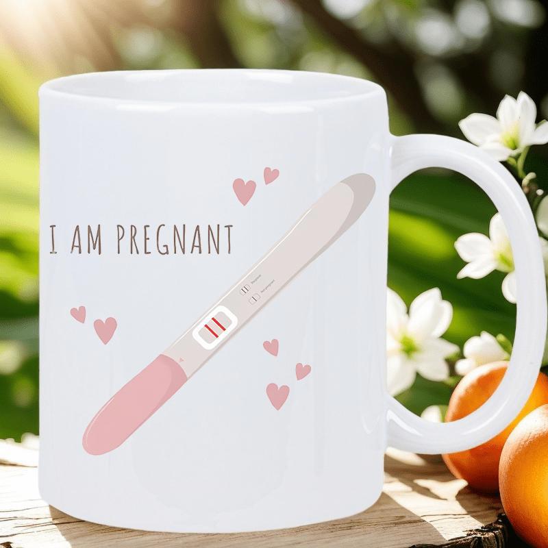 Tailorly White Ceramic 11 oz Mug - I Am Pregnant Featuring A Pink Pregnancy Test Stick Surrounded By Delicate Floating Hearts Mug