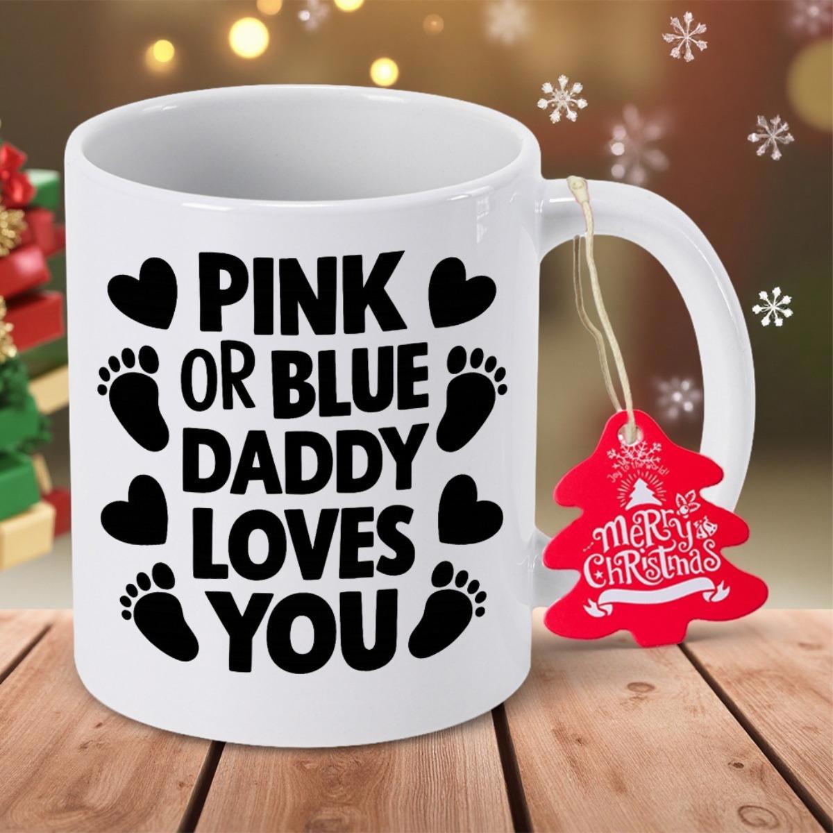 Tailorly White Ceramic 11 oz Mug - Pink Or Blue Daddy Loves You Tiny Baby Footprints Among Delicate Hearts Scattered Around Bold Lettering Mug