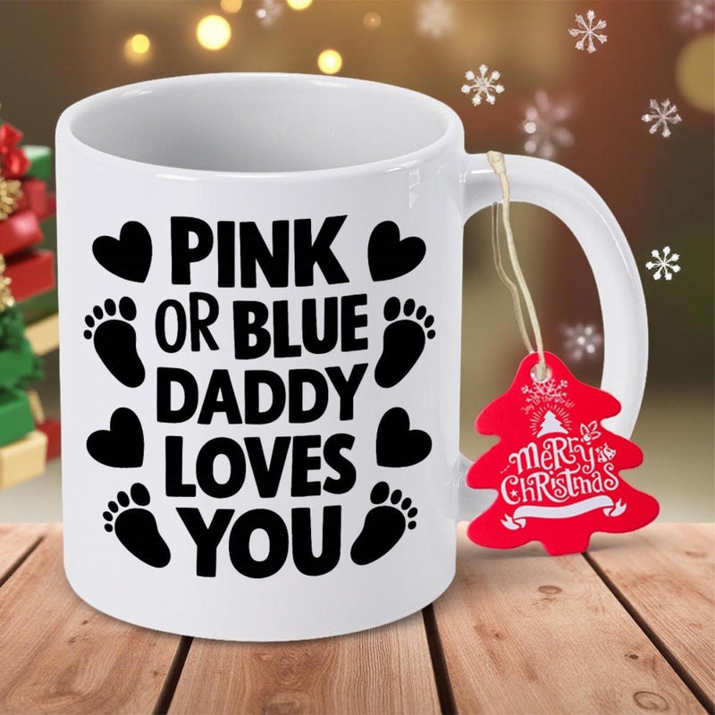 Tailorly White Ceramic 11 oz Mug - Pink Or Blue Daddy Loves You Tiny Baby Footprints Among Delicate Hearts Scattered Around Bold Lettering Mug