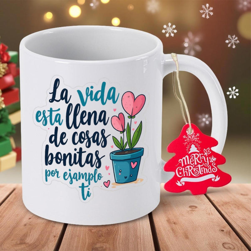 Tailorly White Ceramic 11 oz Mug - Merry Christmas Blooming Heart Shaped Flowers Growing In Small Blue Ceramic Pot Plant