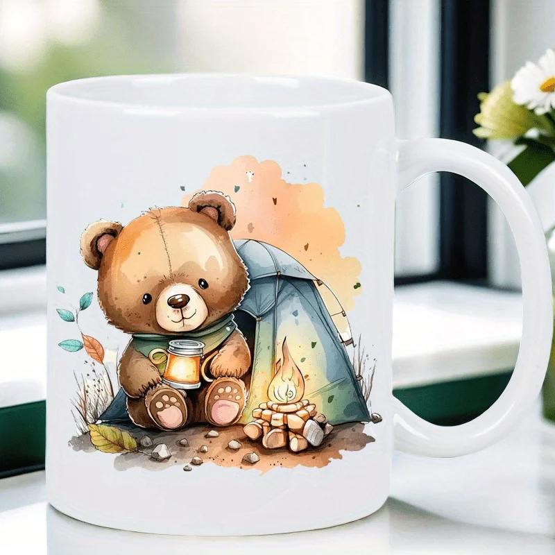 Tailorly White Ceramic 11 oz Mug - Adorable Watercolor Brown Cub Sitting Near Campfire And Cozy Tent Bear